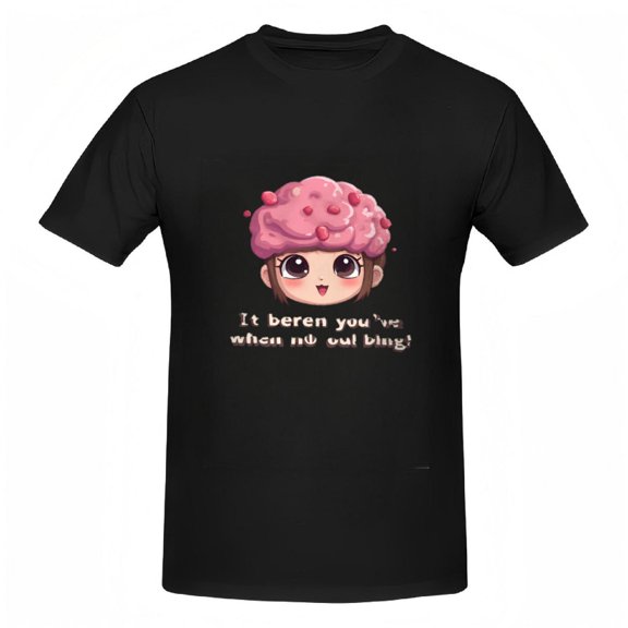 Cute Cartoon Character T-Shirt for Women - Cheerful Design with Large Eyes Pink Fluffy Hat & Fun Text - Cotton Short Sleeve Tee