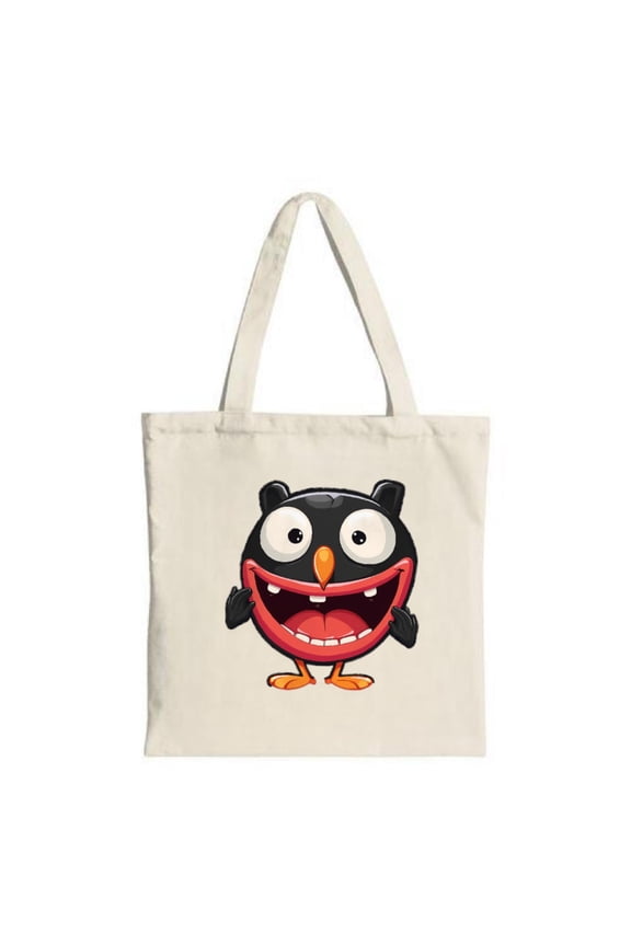 Cute Cartoon Character Tote Bag - Black character with large eyes red toothy grin Perfect for shopping travel and parties