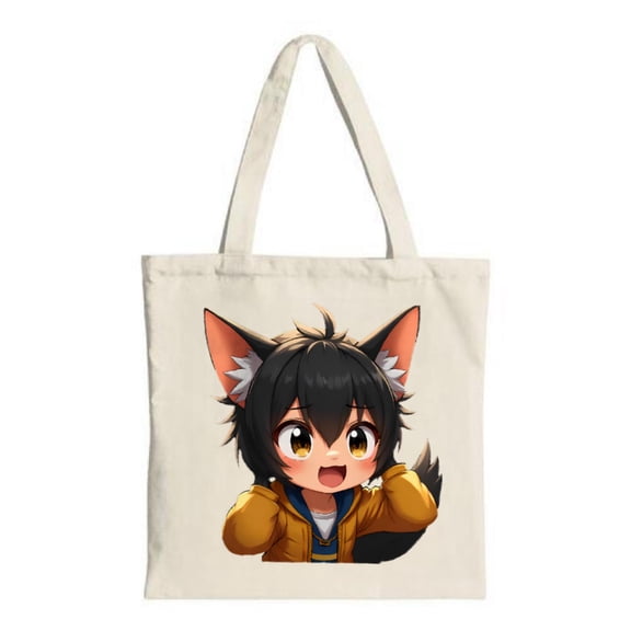 Cute Cartoon Character Tote Bag - Black hair large eyes fox tail Perfect for shopping travel and parties