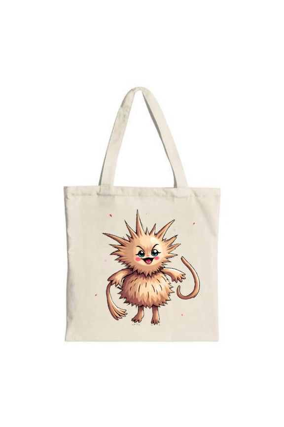 Cute Cartoon Character Tote Bag - Fluffy creature with spiky hair large eyes and cheerful smile perfect for shopping and travel