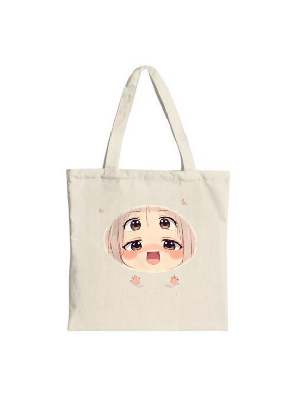 Cute Cartoon Character Tote Bag - Large Eyes Pink Cheeks Surprised Expression - Perfect for Shopping Travel & Parties