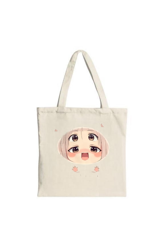 Cute Cartoon Character Tote Bag - Large Eyes Pink Cheeks Surprised Expression - Perfect for Shopping Travel & Parties