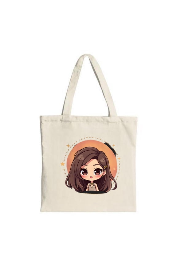 Cute Cartoon Character Tote Bag - Long Brown Hair Smiling on Orange Starry Background Perfect for Shopping Travel & Parties