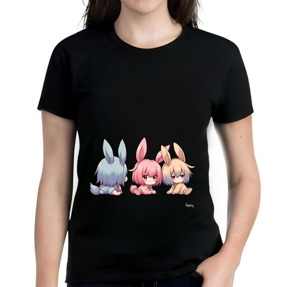 Cute Cartoon Characters Cotton Short Sleeve T-Shirt for Women - Blue Pink and Playful Design with Floppy Ears