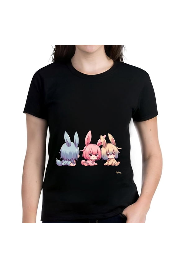 Cute Cartoon Characters Cotton Short Sleeve T-Shirt for Women - Blue Pink and Playful Design with Floppy Ears