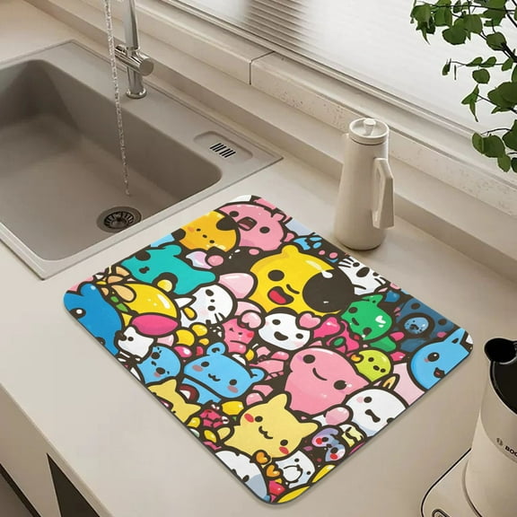 Cute Cartoon Characters Dish Drying Mat for Kitchen Counter Absorbent Drainer Mats (15.7X11.8inch)