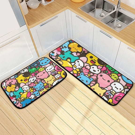 Cute Cartoon Characters Kitchen Mat Set of 2 Cushioned Non Slip Rugs for Bedroom Floor Runner Mats