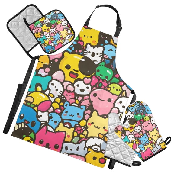 Cute Cartoon Characters Oven Mitts and Pot Holders with Chef Apron Set 5 Pcs Kitchen Cooking Set