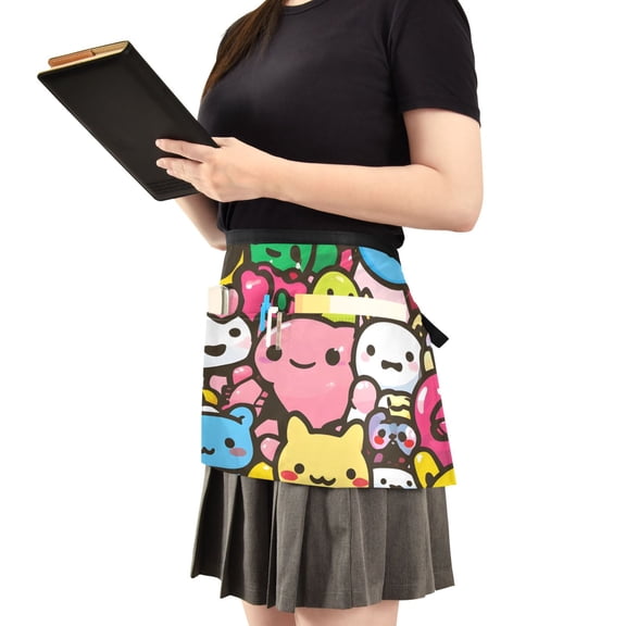Cute Cartoon Characters Server Apron with 3 Pockets Waist Apron for Waiter Waitress