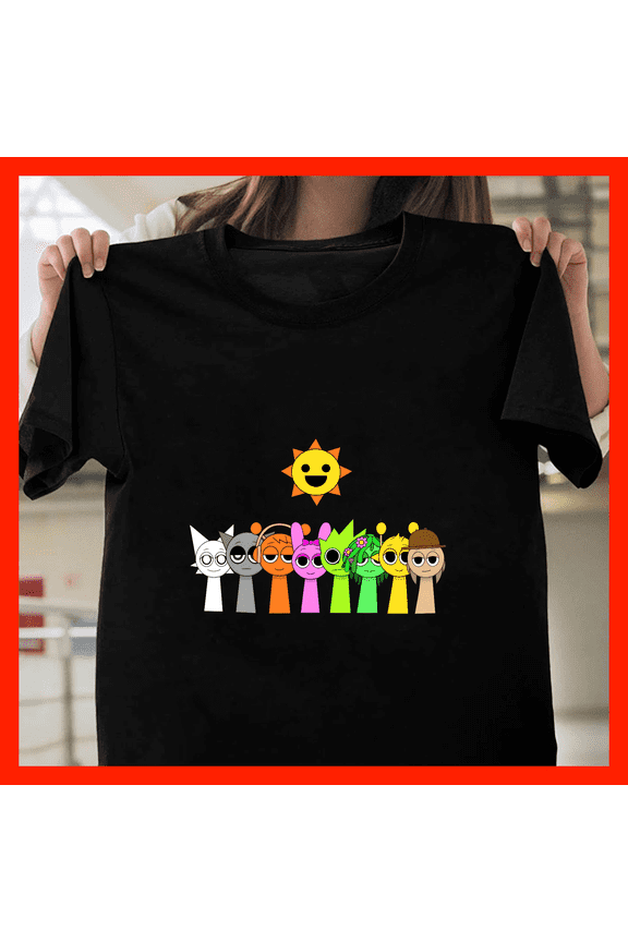Cute Cartoon Characters & Smiling Sun T-Shirt Whimsical Animated Friends Tee Fun Graphic Print G870, for Unisex – Sizes Up to 5XL