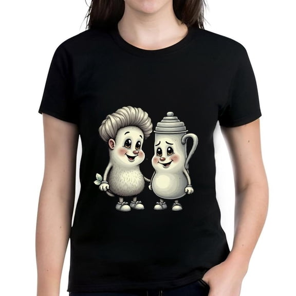 Cute Cartoon Characters T-Shirt for Women - Fluffy Character with & Round Belly Character with Teapot - Cotton Short Sleeve Tee