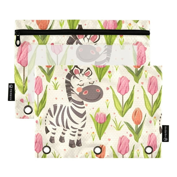 Cute Cartoon Cheerful Zebra 2 Pack Pencil Pouch for 3 Ring Binder Smooth Zipper Folders with Pockets Clear Window Pencil Case