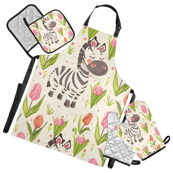 Cute Cartoon Cheerful Zebra 5 Pcs Kitchen Set Heat Resistant Oven Mitts and Non-Slip Pot Holders with Adjustable Cooking Apron