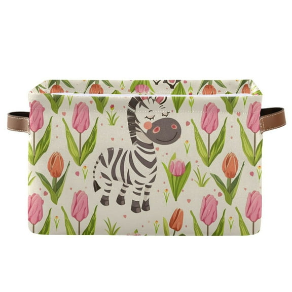 Cute Cartoon Cheerful Zebra Storage Bins with Handle Fabric Organizer Basket Foldable Box 1 Pack 14.2x10.2x8.3