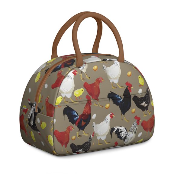 Cute Cartoon Chicken Lunch Bag - Insulated Farm Print with Dual Zipper Pockets, Retro Lunch Bag for Work & Picnics