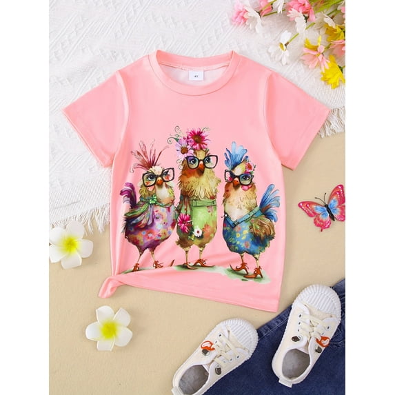 Cute Cartoon Chickens Graphic Print Tee, Girls' Casual & Trendy T-shirt For Spring & Summer, Girls' Clothes For Outdoor Activities