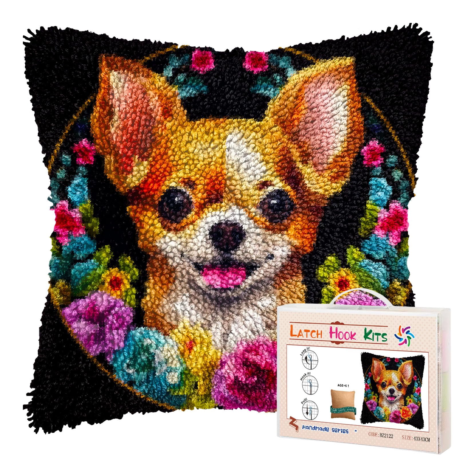 Cute Cartoon Chihuahua Dog in Flower Circle DIY Latch Hook Pillow Kits for Adults Printed Pillowcase Crochet Yarns Hooking Handmade Pillow Cover Cushion for Home Sofa Decoration 17x17inch