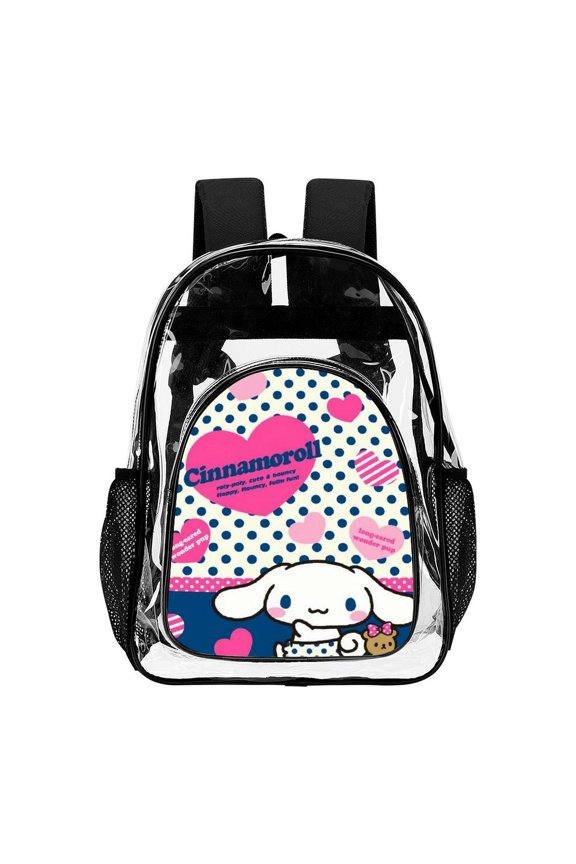 Cute Cartoon Cinnamoroll24 Clear Backpack Transparent Heavy Duty Bookbag Large PVC Laptop Bag Adjustable Shoulder Straps with Mesh Side Pockets for College Work Travel Stadium Concert