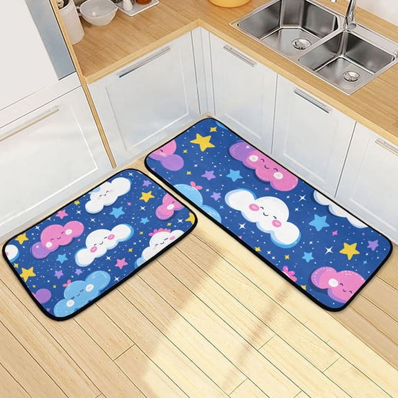 Cute Cartoon Clouds and Stars Kitchen Mat Set of 2 Cushioned Non Slip Rugs for Bedroom Floor Runner Mats