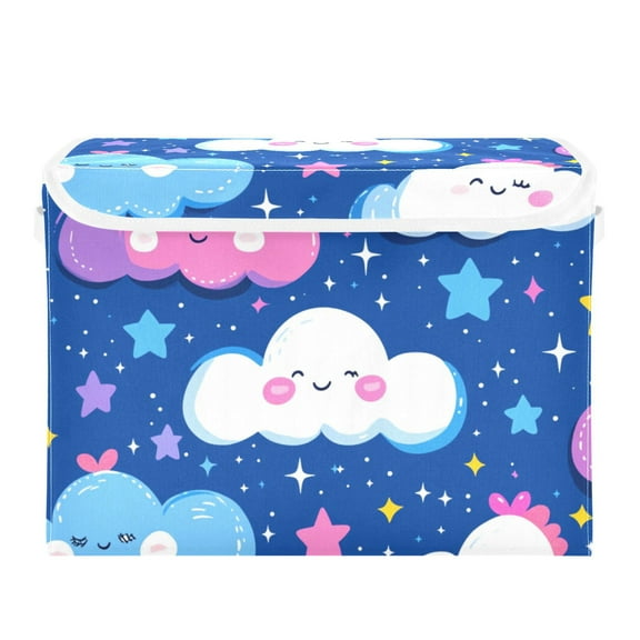 Cute Cartoon Clouds and Stars Large Storage Bins with Linen Collapsible Lid Storage Box 16.7 x 12.6 x 11.8in