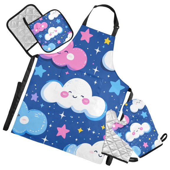 Cute Cartoon Clouds and Stars Oven Mitts and Pot Holders with Chef Apron Set 5 Pcs Kitchen Cooking Set
