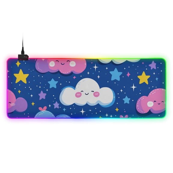Cute Cartoon Clouds and Stars RGB Gaming Mouse Pad Large Keyboard Mat Rubber Base 13 Light Modes