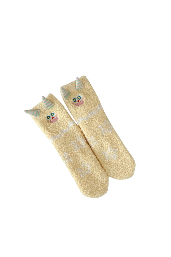 Cute Cartoon Crew Socks, Plush Fluffy Yellow Unisex Lounge Socks with 3D Horns, One Size Fits Most,Size Free Size