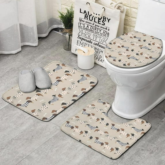 Cute Cartoon Dachshund Bathroom Rugs Sets 3 Piece,Toilet Cover Set,Absorbent Non Slip Bathroom Mats Sets with U-Shaped Contour Rug Toilet Rug Set