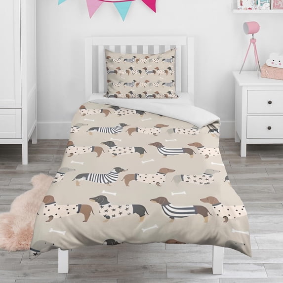 Cute Cartoon Dachshund Duvet Cover and Pillowcase Set for Single Bedding, Bedroom Accessories for Kids Teens