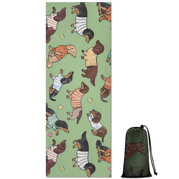Cute Cartoon Dachshund Hot Yoga Mat Towel Non Slip for Hot Yoga - Quick-Drying Yoga Mat Cover with 4 Corner Pockets with Travel Bag - Hot Yoga Towel Non Slip 74"x26"