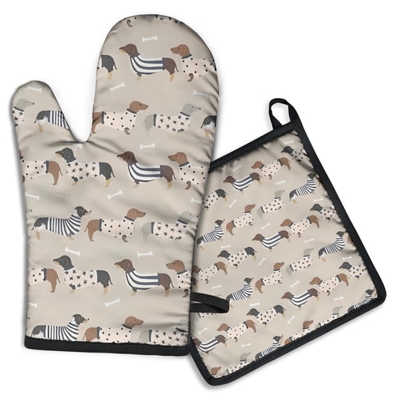 Cute Cartoon Dachshund Kitchen Oven Mitt and Pot Holder Sets 2 Pcs for Baking, Cooking and Grilling, Heat Resistant Up To 392 °F