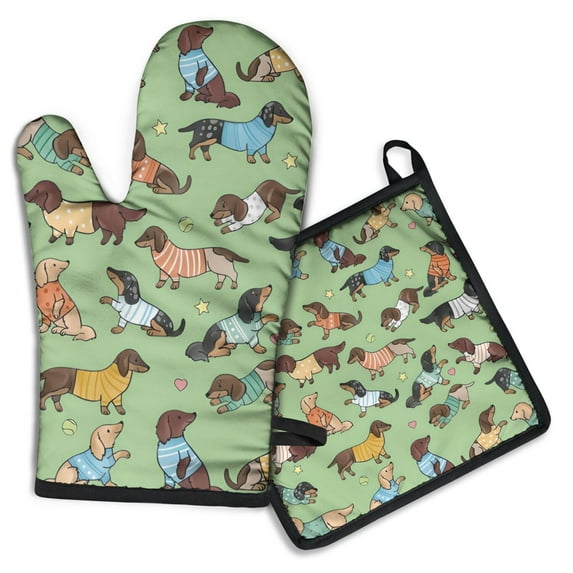 Cute Cartoon Dachshund Kitchen Oven Mitt and Pot Holder Sets 2 Pcs for Baking, Cooking and Grilling, Heat Resistant Up To 392 °F
