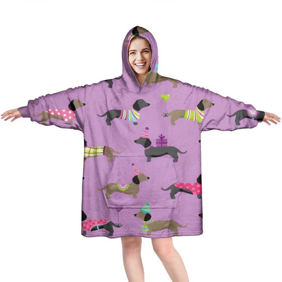 Cute Cartoon Dachshund Wearable Oversized Blanket,Wearable Blanket Hoodie for Adults,Cozy Hooded Blankets with Super Pockets,Super Warm Fuzzy Pullover for Women & Men