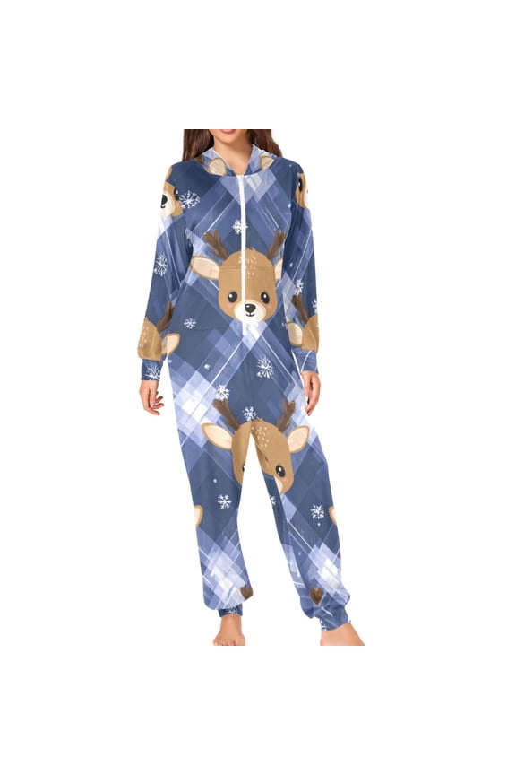 Cute Cartoon Deer Faces Blue Plaids Christmas Adult's Hoodie Onesie Jumpsuit One-Piece Pajamas with Zipper Unisex for Holiday M