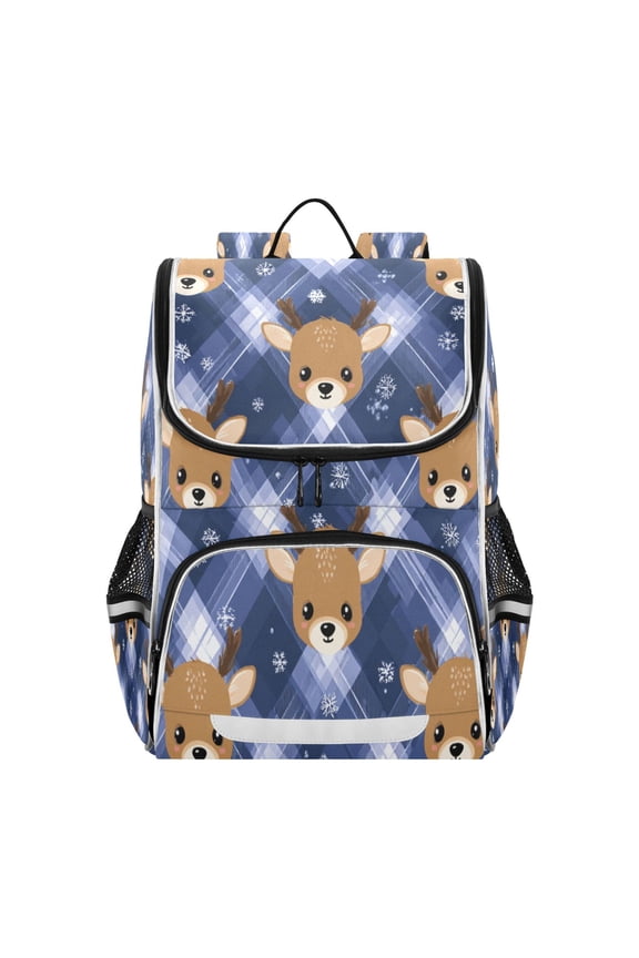 Cute Cartoon Deer Faces Blue Plaids Christmas Backpack Purse Daypack Book Bag Fashion Accessories Unisex 15L for Commute Travel School