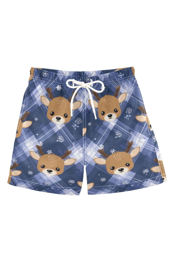 Cute Cartoon Deer Faces Blue Plaids Christmas Swim Trunks Board Shorts Beach Pants Bathing Bottoms 4T
