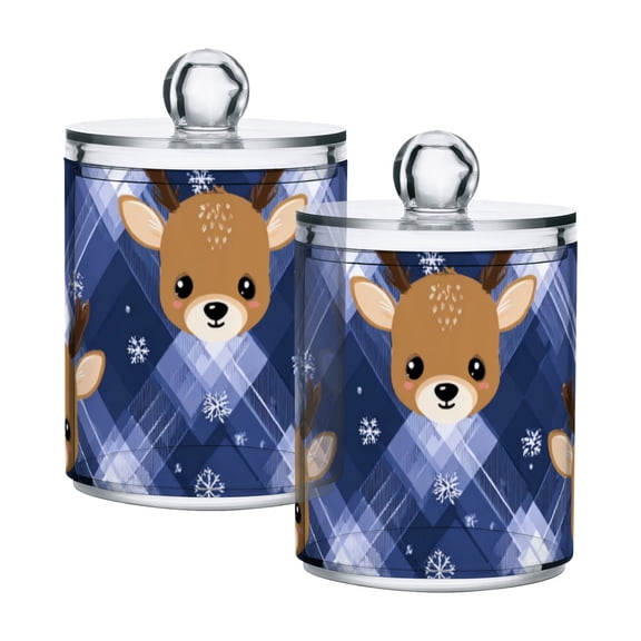 Cute Cartoon Deer Faces Blue Plaids Christmas Translucent Plastic Cans Storage Canisters with Lid Set of 2