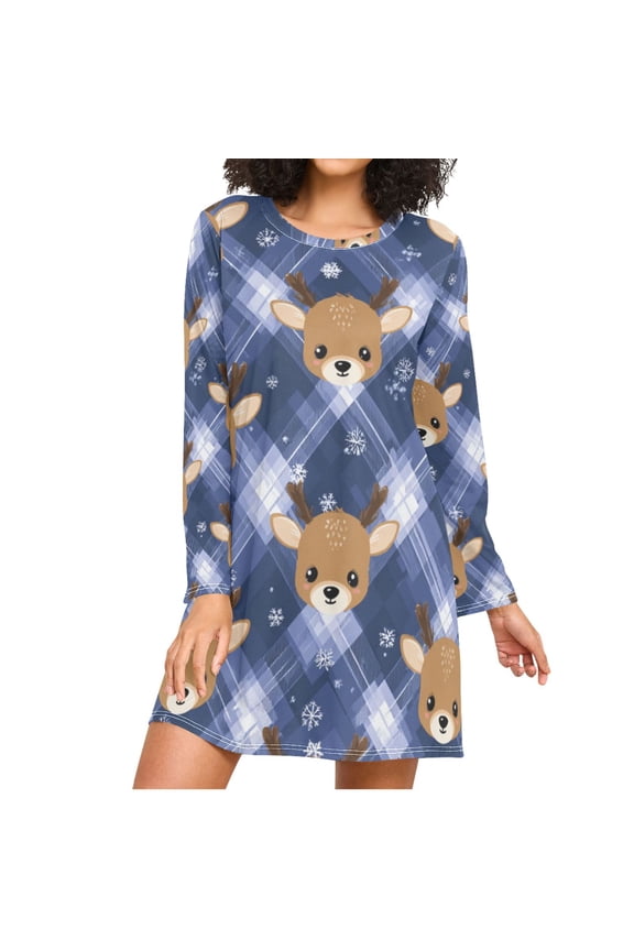 Cute Cartoon Deer Faces Blue Plaids Christmas Women's Long Sleeves Nightgowns Sleepwear Soft Pajama A-line Sleep Dress XXL