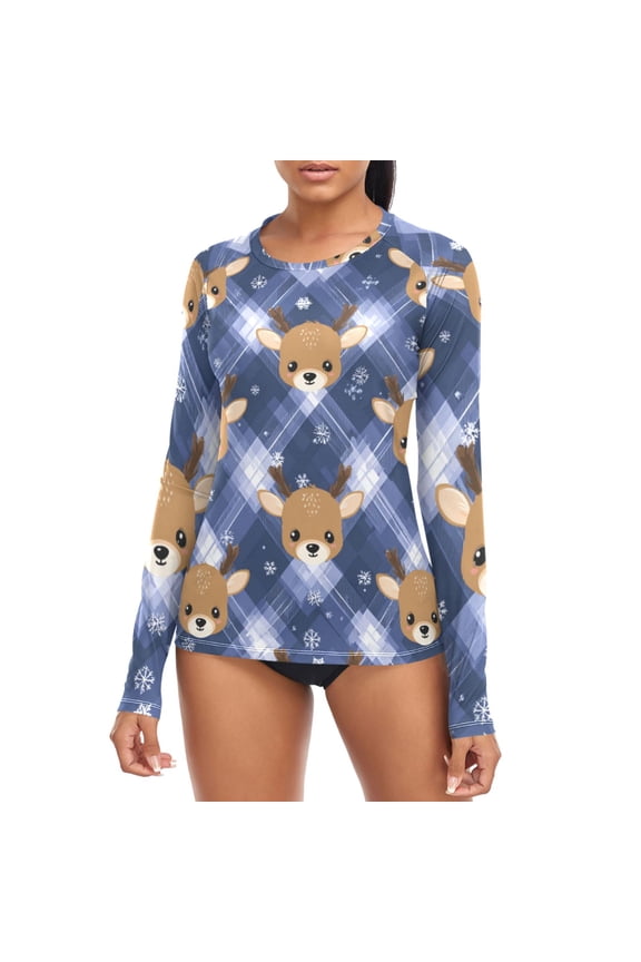 Cute Cartoon Deer Faces Blue Plaids Christmas Women's Rash Guard Shirts UPF 50+ Sun Protection Clothing Long Sleeve Swim Suits L