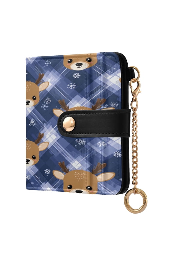 Cute Cartoon Deer Faces Blue Plaids Christmas Women's Wallet PU Leather Card Cases RFID Blocking Purse Billfold with Key Ring