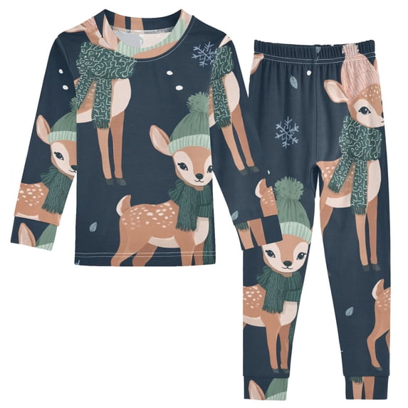 Cute Cartoon Deer with Christmas Hat Cotton Pajama Set Long Sleeve Top ...