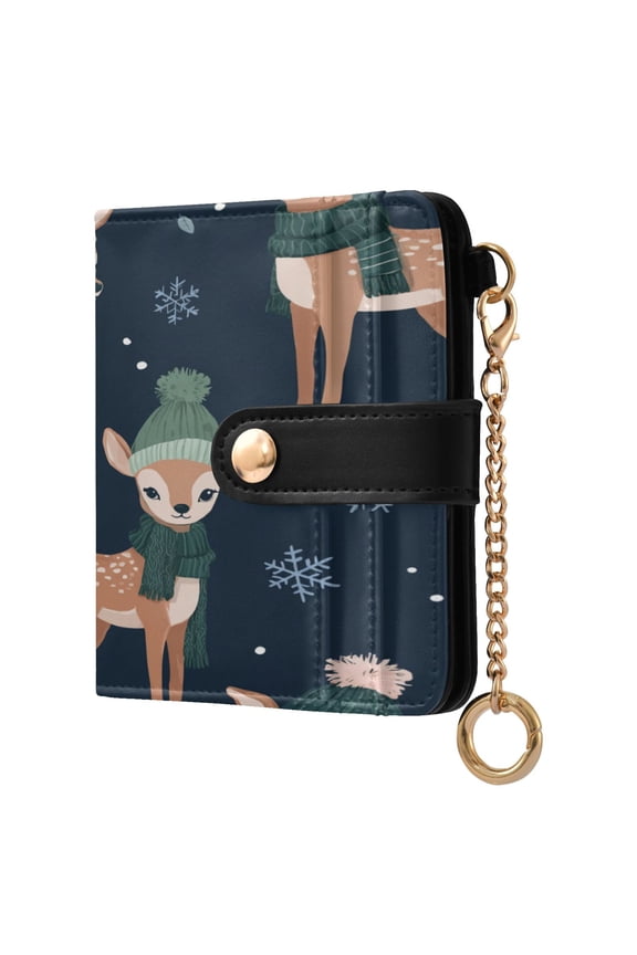 Cute Cartoon Deer with Christmas Hat Women's Wallet PU Leather Card Cases RFID Blocking Purse Billfold with Key Ring