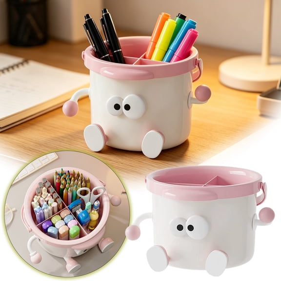 Cute Cartoon Desk Organizer, Multi-Functional Desktop Pen Holder & Mini Can with Handle, Storage Bin for Home, Office, and Bedroom