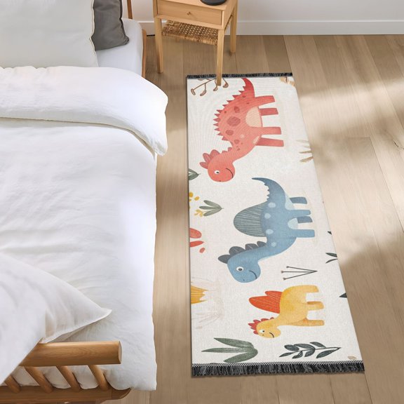 Cute Cartoon Dinonsaur Bedroom Runner Rug 2'x 6' Non Slip Carpet Indoor Home Area Rug Living Room