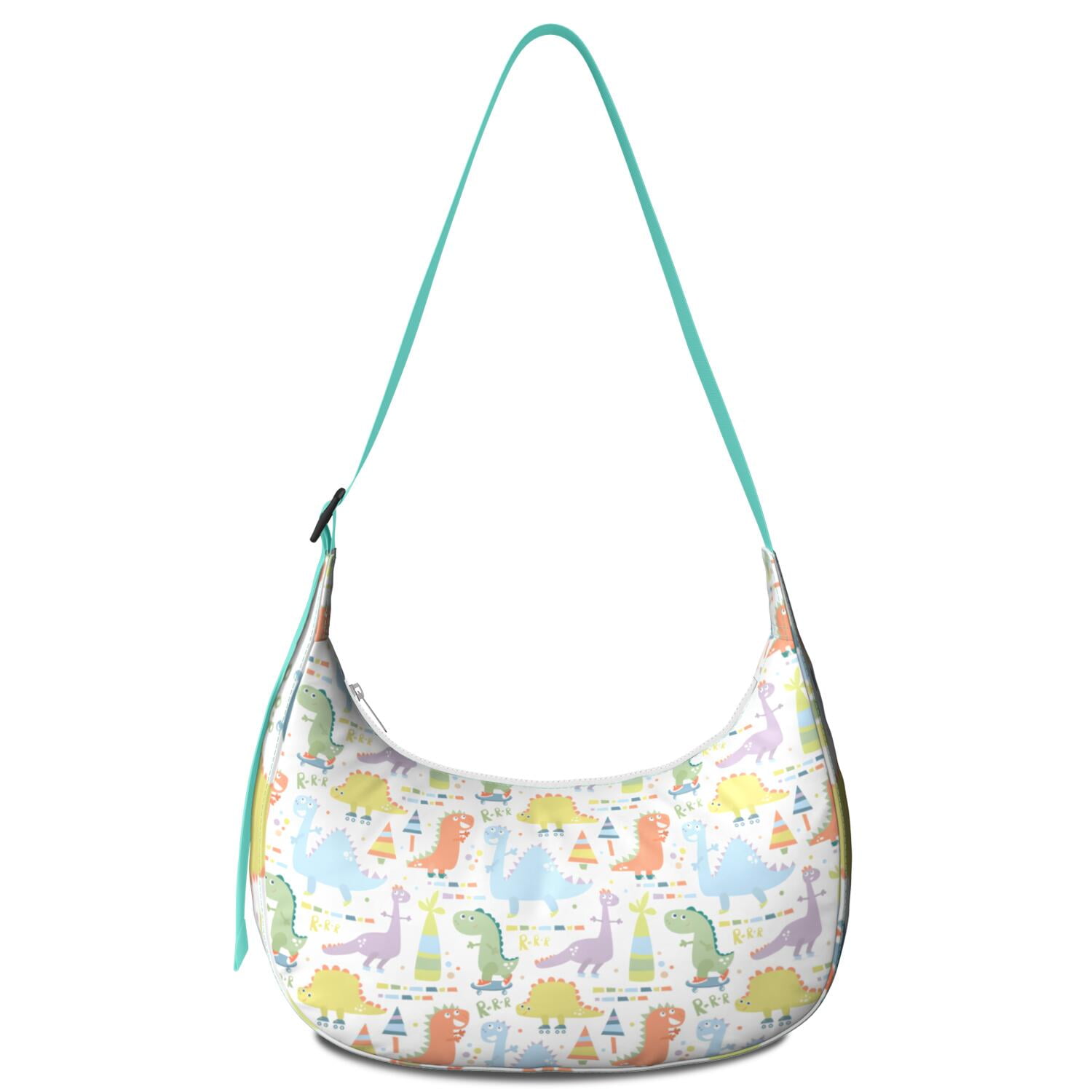 Cute Cartoon Dinosaur Crescent Crossbody Bag for Mens Women , Dino Skeleton Print Pattern Shoulder Bag, Funny Colorful Travel Backpack for Jurassic Travel Picnic Use