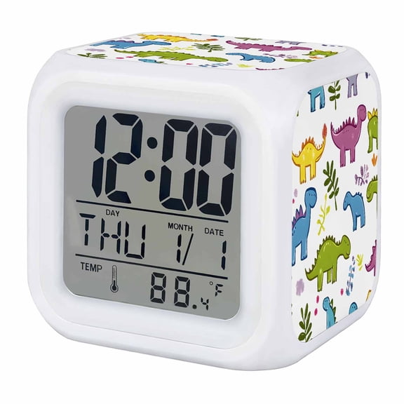 Cute Cartoon Dinosaur Digital Alarm Clock for Bedrooms, Smart LED Alarm Clock with 7 Color Changing Night Light, Green Blue Purple Animals Silent Wake Up Clocks for Sleep Study Cooking 3.2"x3.2"