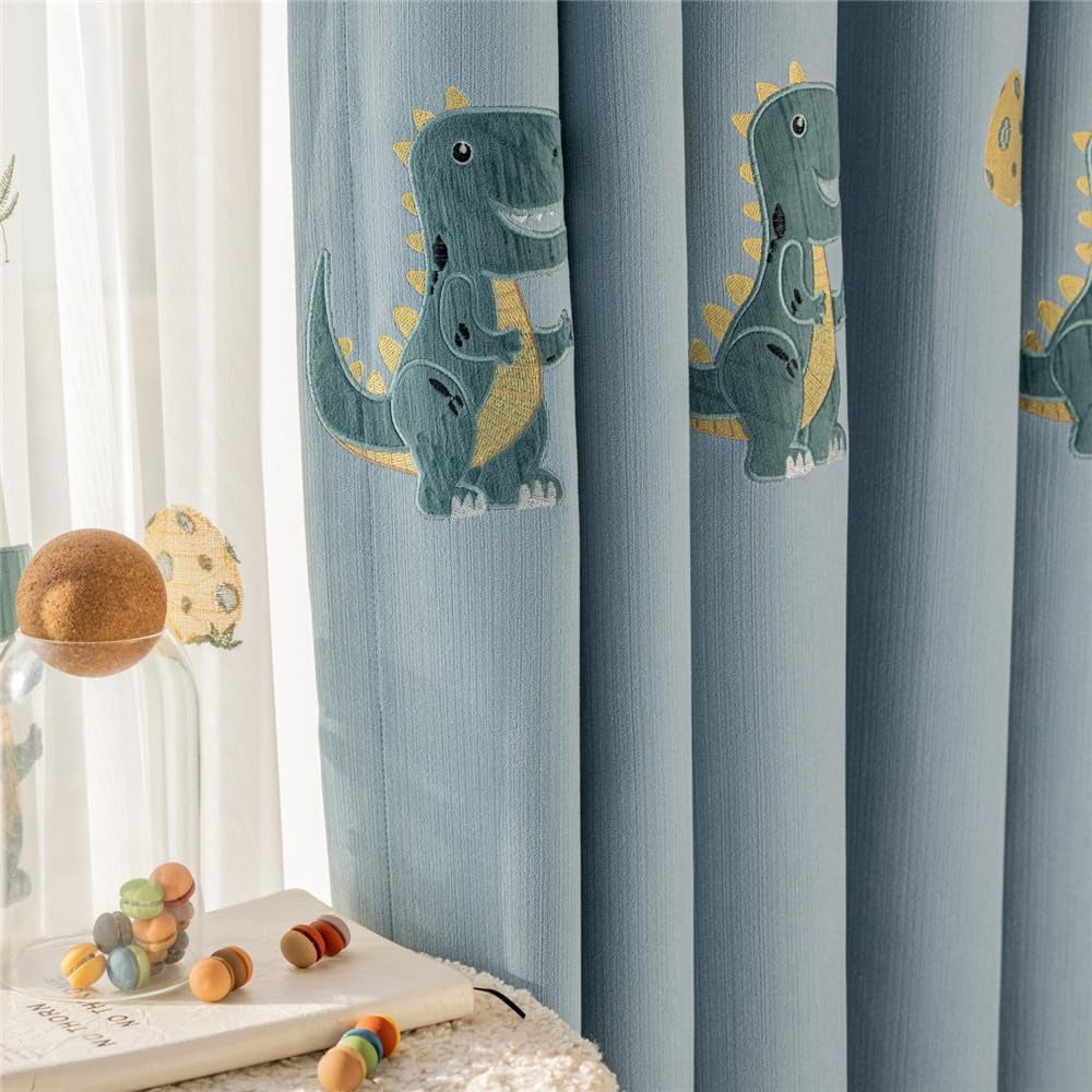 Cute Cartoon Dinosaur Embroidered Blackout Curtains for Kid's Bedroom ...