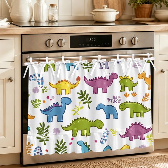Cute Cartoon Dinosaur Oven Skirt Curtain 27"Wx20"L, Waterproof Ruffled Stove Cover Skirt with 8 Ribbon Ties, Green Blue Purple Animals Decorative Oven Door Curtain for Kitchen Dishwasher Cabinet