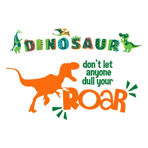 Cute Cartoon Dinosaur Roar Quote LetteringWall Decal Decoration Don't let anyone dull your Roar Joyful Cartoon Cartoon Animals Decorating Ideas for Child's Bedroom Size: 30 In(W) x 21 In(H)