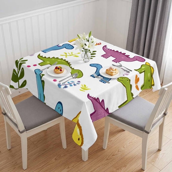 Cute Cartoon Dinosaur Table Cloth Waterproof Tablecloths, Green Blue Purple Animals Tablecloth Dining Table Cover for Kitchen Party Tabletop Outdoor, Square Tablecloth 60x60 Inch